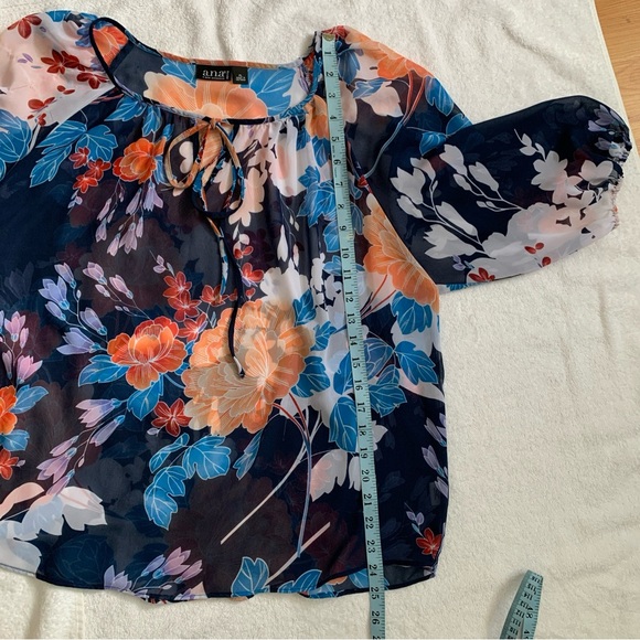 a.n.a Floral Multicolor Print Petite Blue Sheer 3/4 Sleeve Top -Size LP - Picture 8 of 10